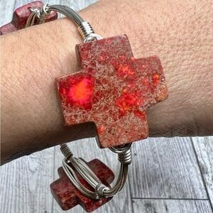 Artisan Stone Gem Bangle Wrist Bracelet Silver Toned Metal Wire Wrapped Handmade